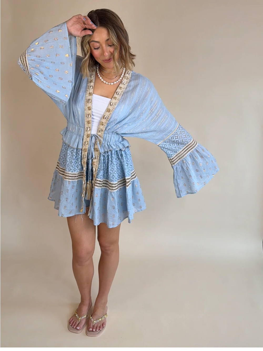 NWT POL Light Blue Boho Embroidered Wrap